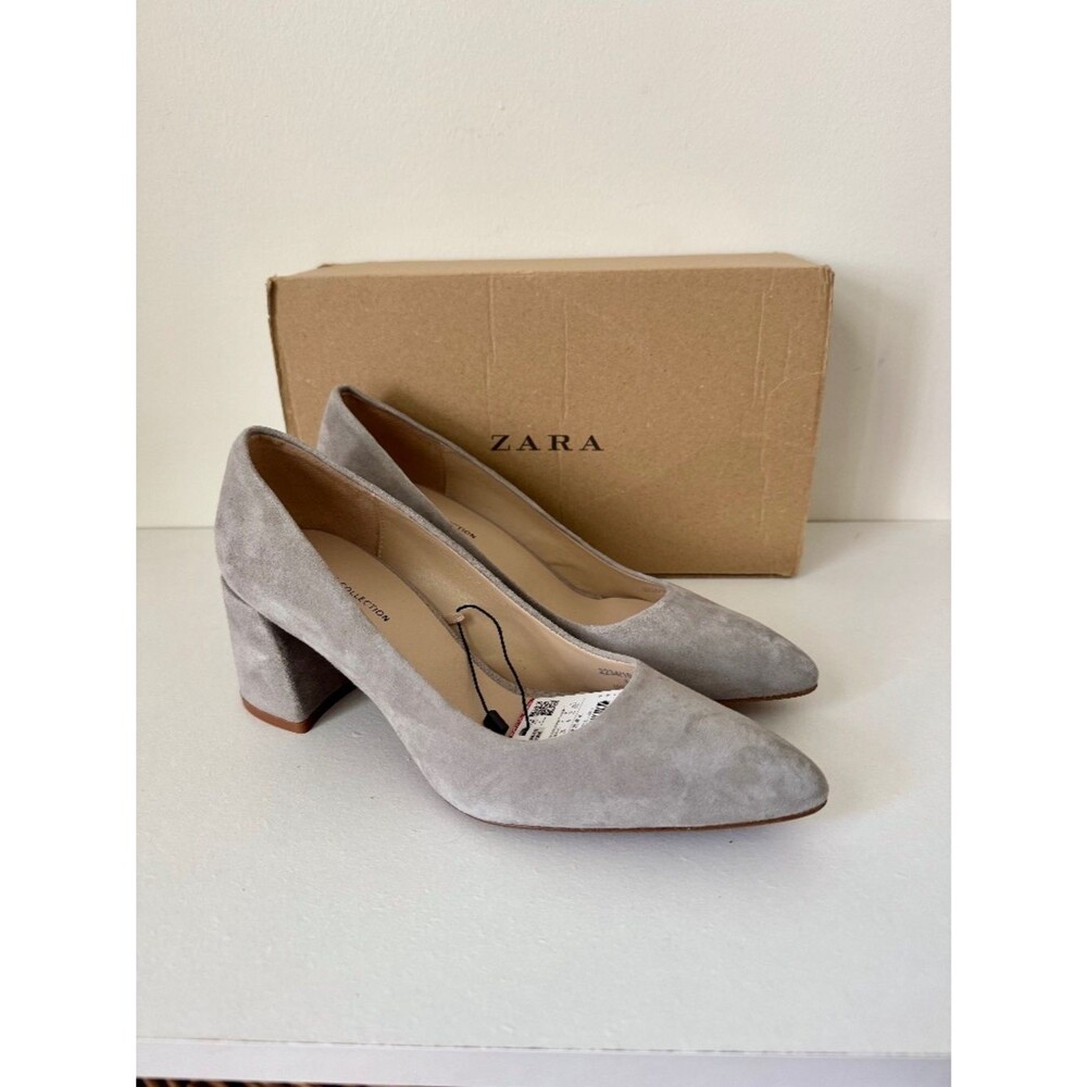 NEW! Zara Grey Suede Leather Pointed Toe Block Heels | Size 37 (US 6.5)